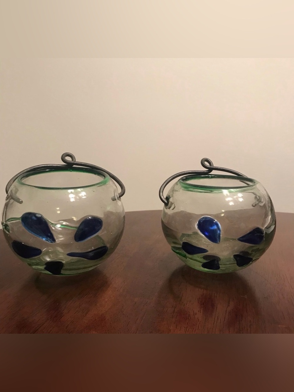 Set of 2 Blue Floral Glass Candle Holders